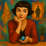 A stylized painting of a whimsical Parisian woman in a dreamy, colorful setting, capturing the essence of escapism and fantasy inspired by the film Amélie.