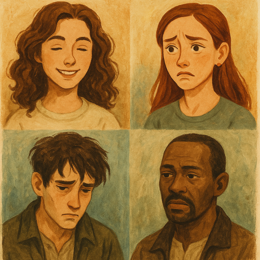 Artistic illustration of four expressive individuals representing different attachment styles through emotion and portraiture.