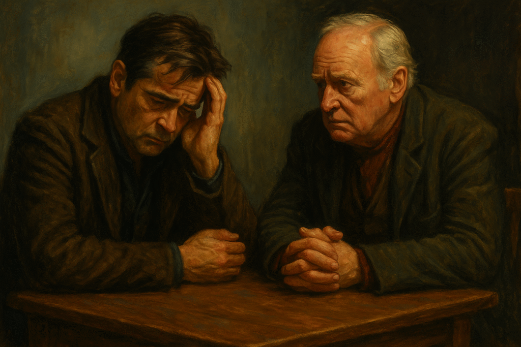 Digital painting of two middle-aged men from The Banshees of Inisherin, standing apart in an Irish rural setting, symbolizing emotional repression and male friendship conflict
