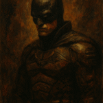 Expressionist oil painting of Batman in a dark urban setting, capturing his emotional isolation and trauma-driven pursuit of justice