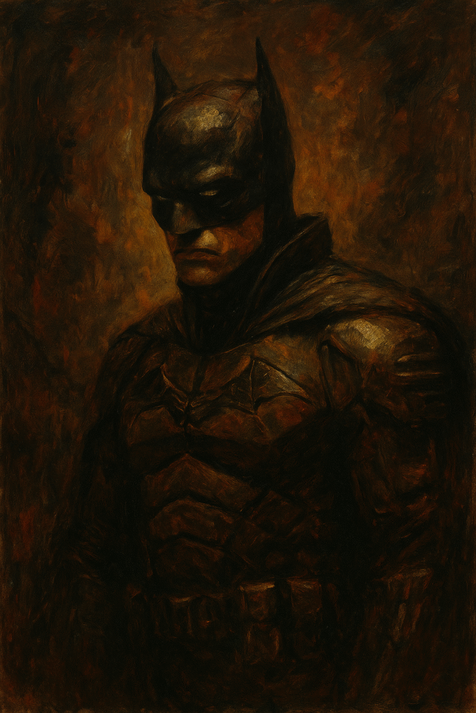 Expressionist oil painting of Batman in a dark urban setting, capturing his emotional isolation and trauma-driven pursuit of justice