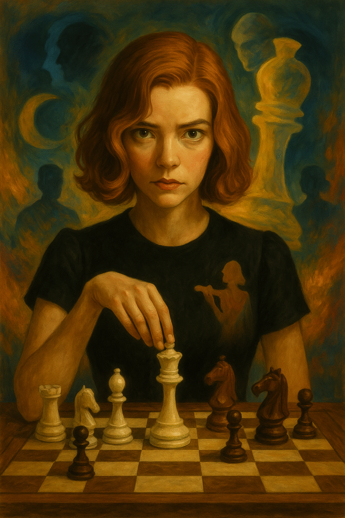 Illustration of a female chess prodigy resembling Beth Harmon analyzing chess moves with symbolic elements representing addiction, genius, and mental health.