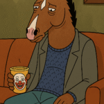 Digital illustration of BoJack Horseman sitting on a couch with a melancholic expression, holding a clown-faced cup, symbolizing depression and humor.