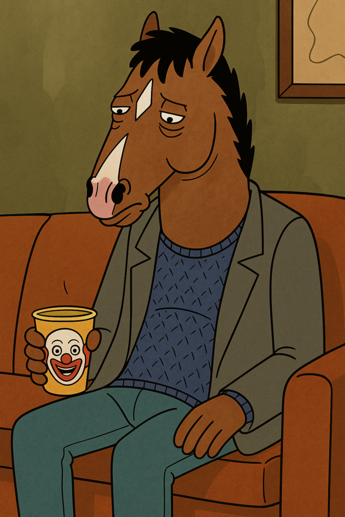 Digital illustration of BoJack Horseman sitting on a couch with a melancholic expression, holding a clown-faced cup, symbolizing depression and humor.