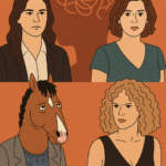 Illustration of four fictional characters representing borderline personality disorder traits in TV and film, symbolizing media portrayals of mental health.