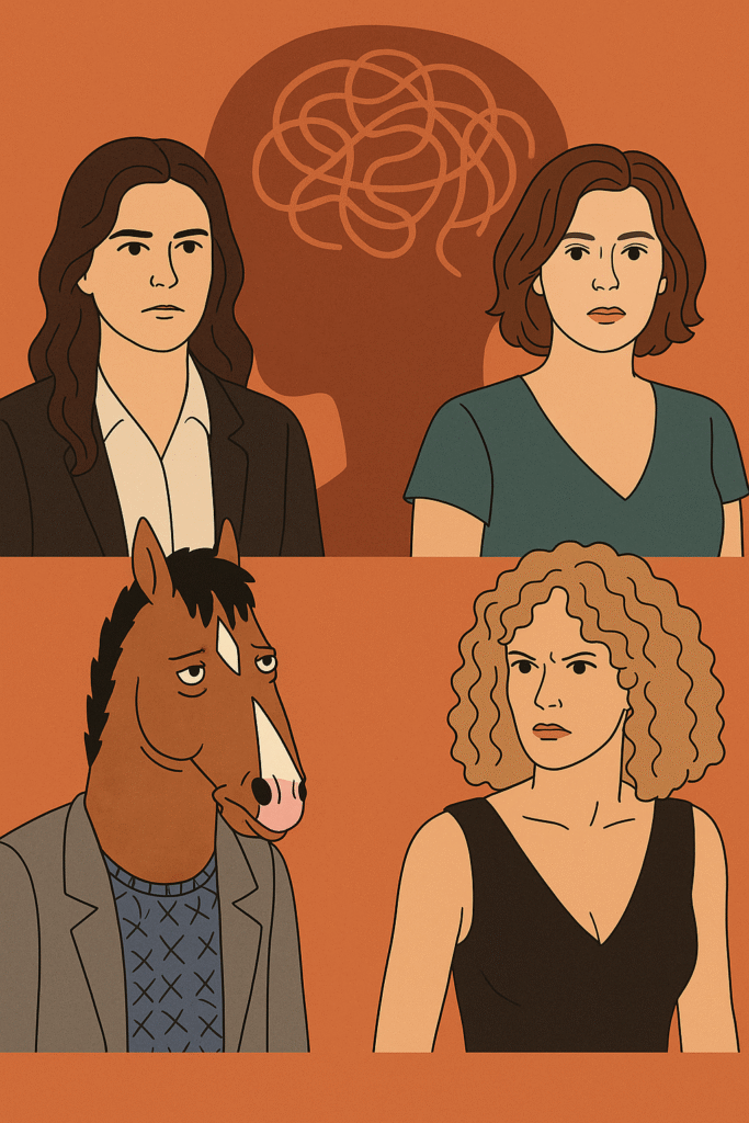 Illustration of four fictional characters representing borderline personality disorder traits in TV and film, symbolizing media portrayals of mental health.