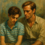 Traditional painting of Elio and Oliver from Call Me by Your Name, sitting quietly under soft sunlight, expressing unspoken desire and emotional longing.