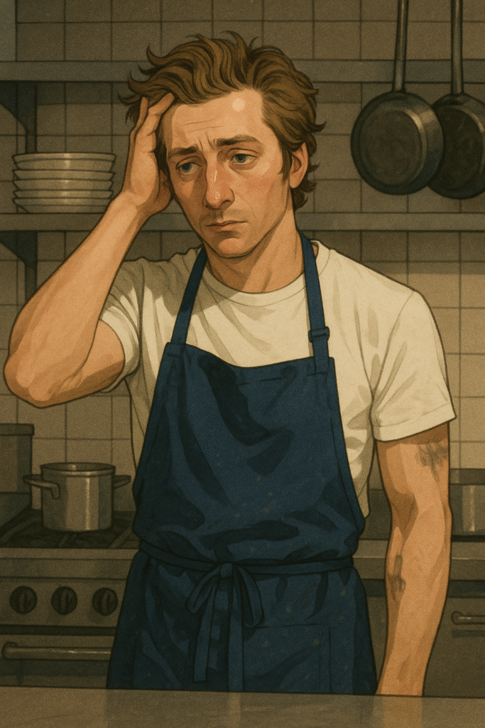 Digital illustration of a young chef resembling Carmy from The Bear, wearing a white T-shirt and navy apron, standing in a kitchen with a thoughtful expression—symbolizing emotional pressure and creative tension.