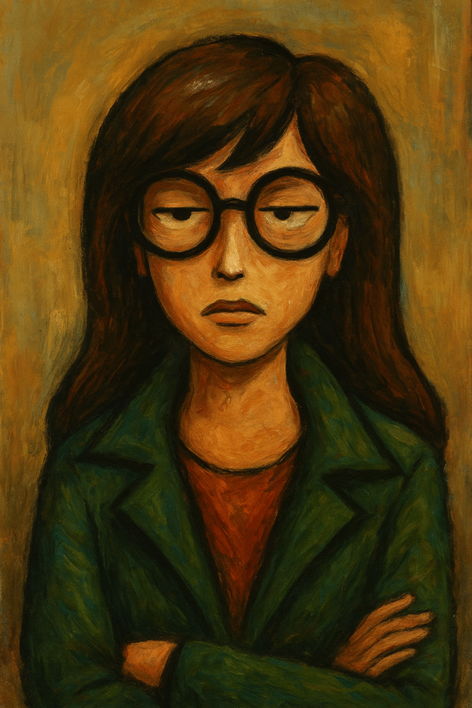 Daria Morgendorffer sitting in solitude with a detached expression, representing emotional armor and teenage cynicism.