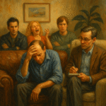Painting of five people in a therapist's office expressing varied emotions, symbolizing psychological defense mechanisms depicted in TV shows.