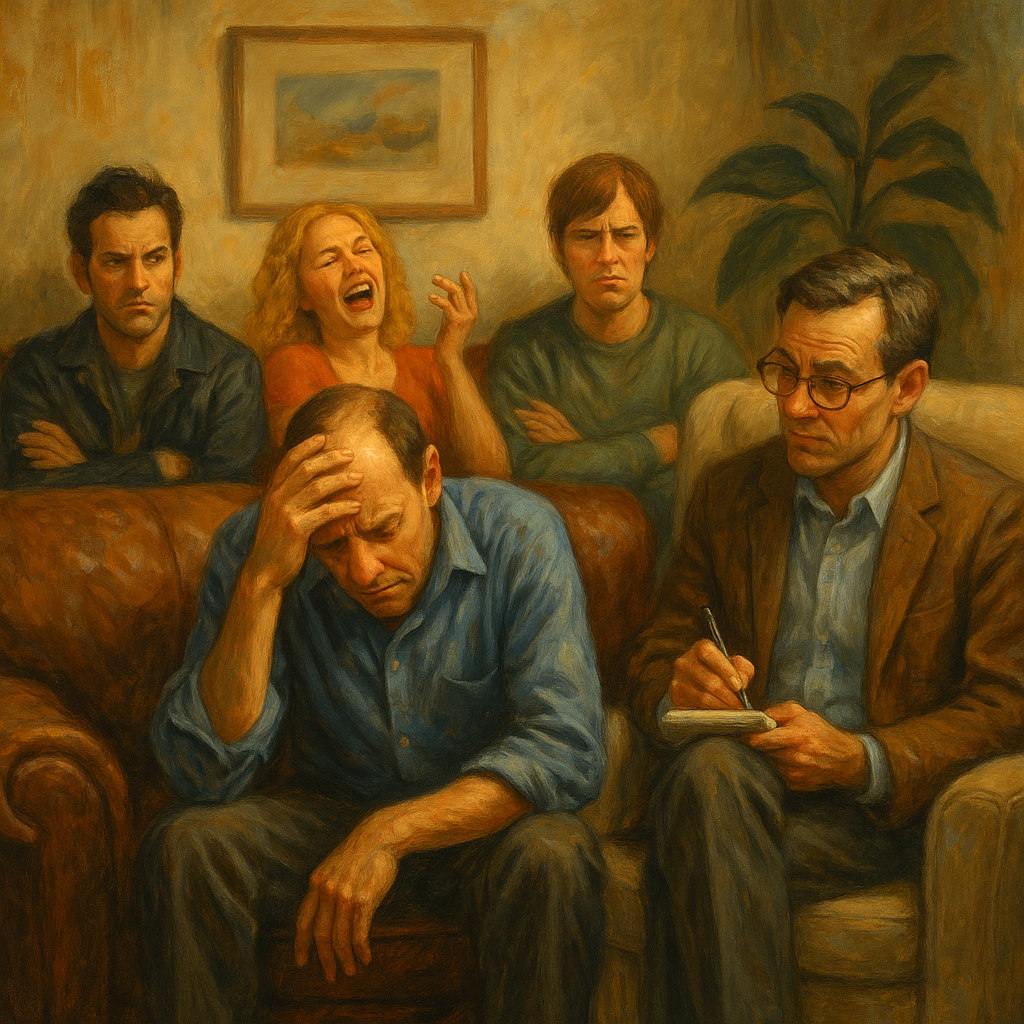 Painting of five people in a therapist's office expressing varied emotions, symbolizing psychological defense mechanisms depicted in TV shows.
