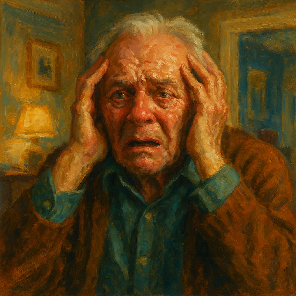 Traditional oil painting of an elderly man in a dimly lit room, representing memory loss and emotional isolation from dementia.