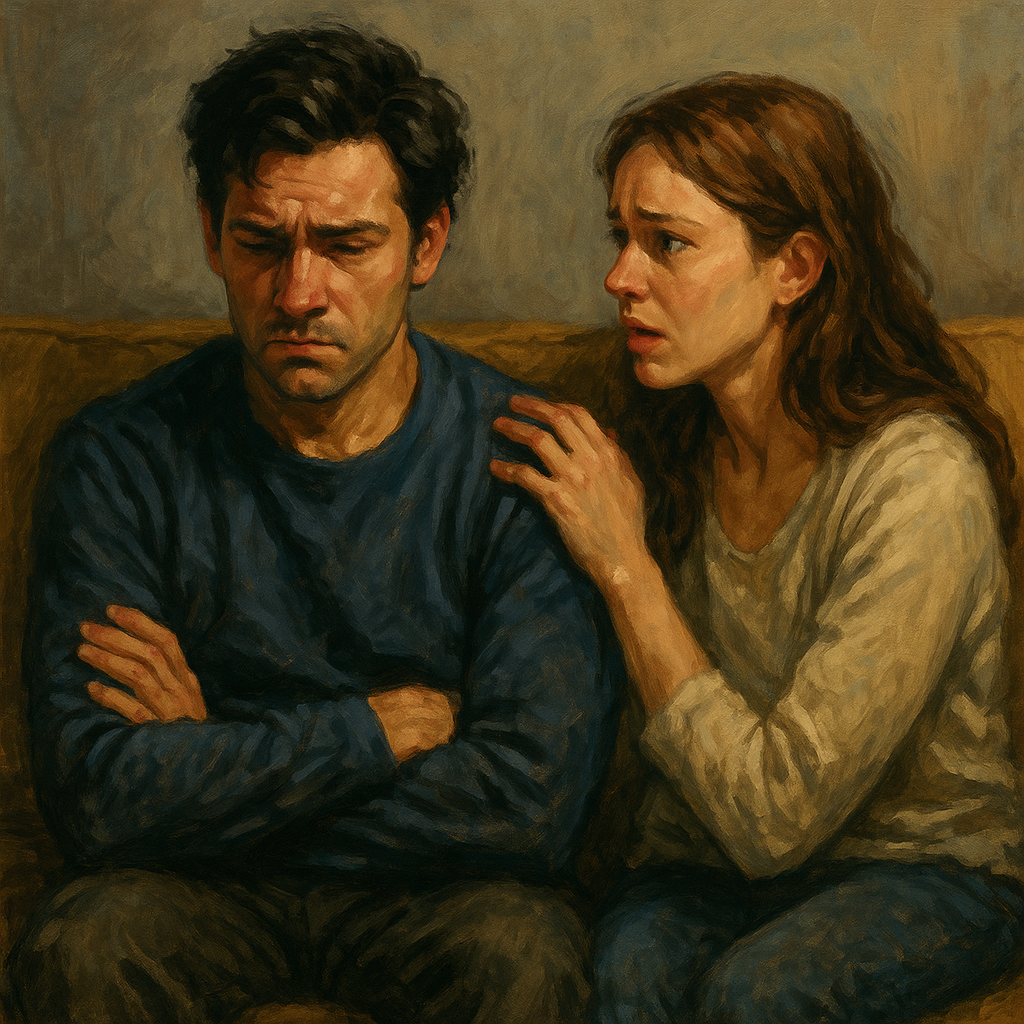 Digital painting of a distressed man with arms crossed, sitting on a couch next to a concerned woman reaching out to him—symbolizing emotional conflict and attachment issues in relationships.