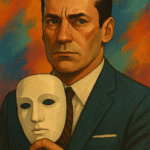 Illustration of a contemplative man in a 1960s-style setting symbolizing the mask of masculinity