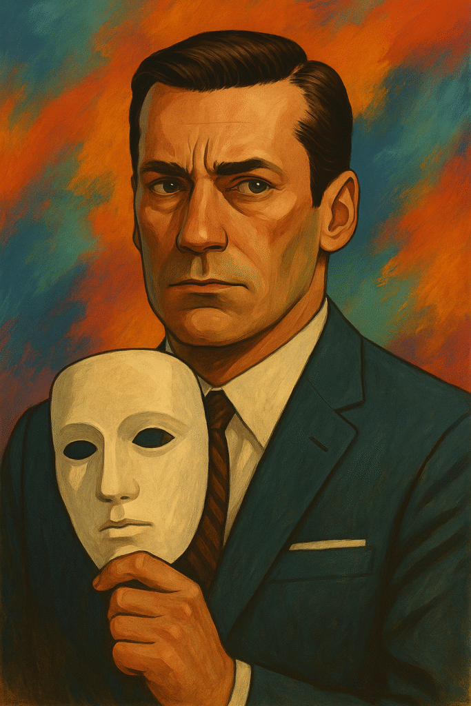 Illustration of a contemplative man in a 1960s-style setting symbolizing the mask of masculinity