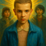 Portrait of Eleven from Stranger Things, glowing with supernatural energy in a semi-realistic oil painting style, symbolizing the emotional cost of her powers.