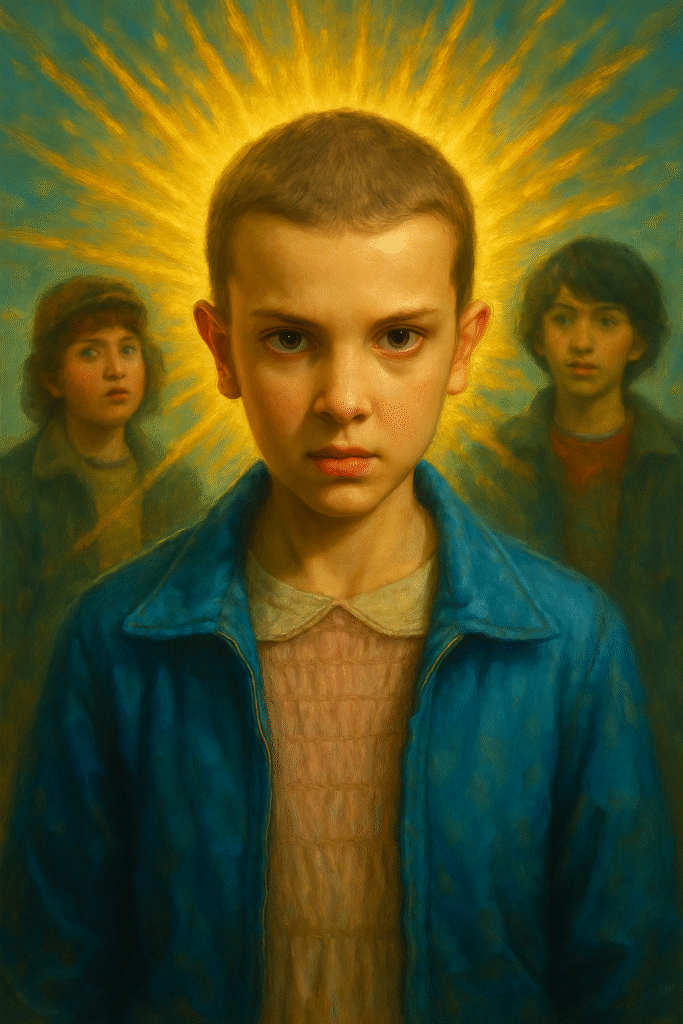 Portrait of Eleven from Stranger Things, glowing with supernatural energy in a semi-realistic oil painting style, symbolizing the emotional cost of her powers.
