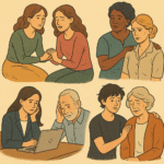 Illustration showing four emotional scenes of women providing care and support—comforting friends, assisting family members, and managing emotional burdens—symbolizing the invisible emotional labor often portrayed by female characters in fiction and media.
