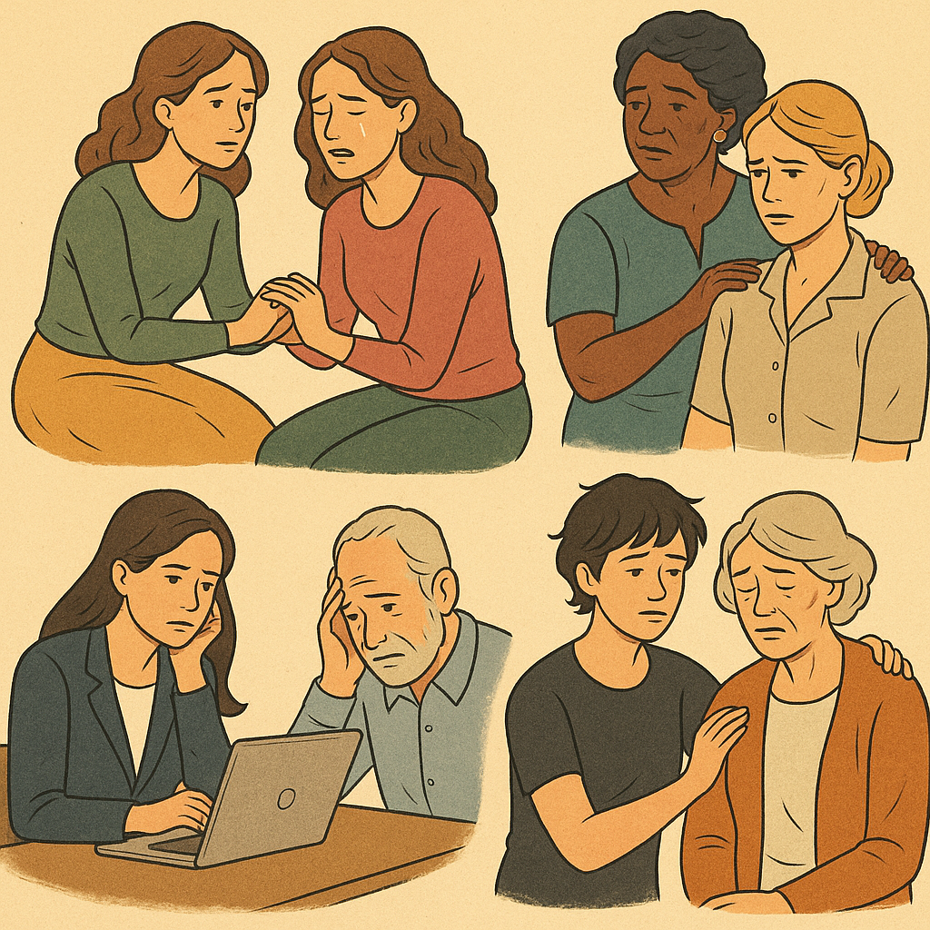 Illustration showing four emotional scenes of women providing care and support—comforting friends, assisting family members, and managing emotional burdens—symbolizing the invisible emotional labor often portrayed by female characters in fiction and media.
