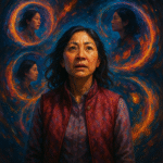 Digital painting of an Asian woman surrounded by swirling multiverse portals, each showing alternate versions of herself. The image symbolizes identity fragmentation, self-reflection, and emotional conflict through surreal cosmic visuals.
