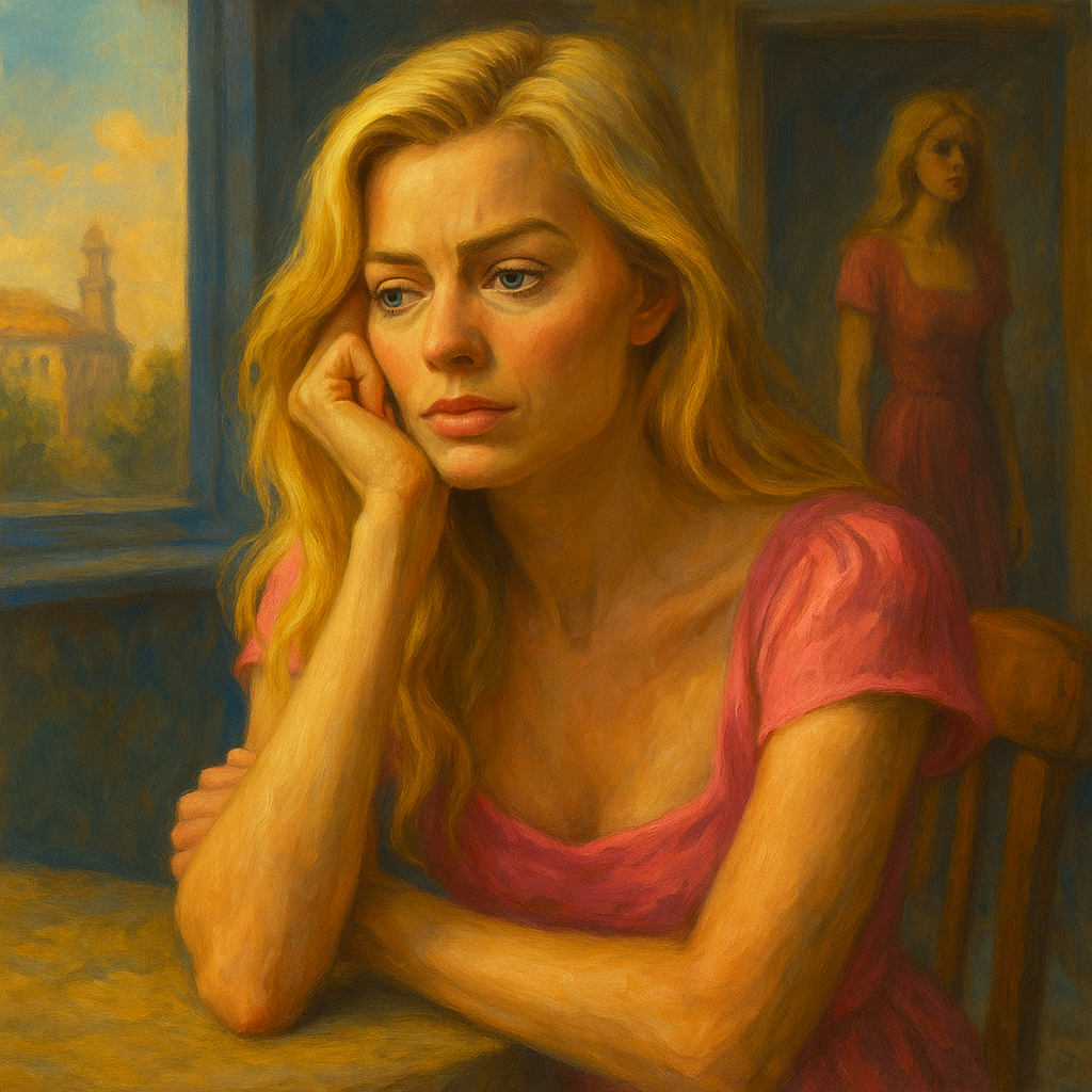 Oil painting-style portrait of a thoughtful blonde woman in a pink dress, sitting indoors by a window with a distant, reflective expression—symbolizing an existential identity crisis.