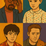Illustration of TV characters like Kevin Pearson, Eleven, James, and Alyssa portraying emotional impact of childhood trauma and inner child wounds