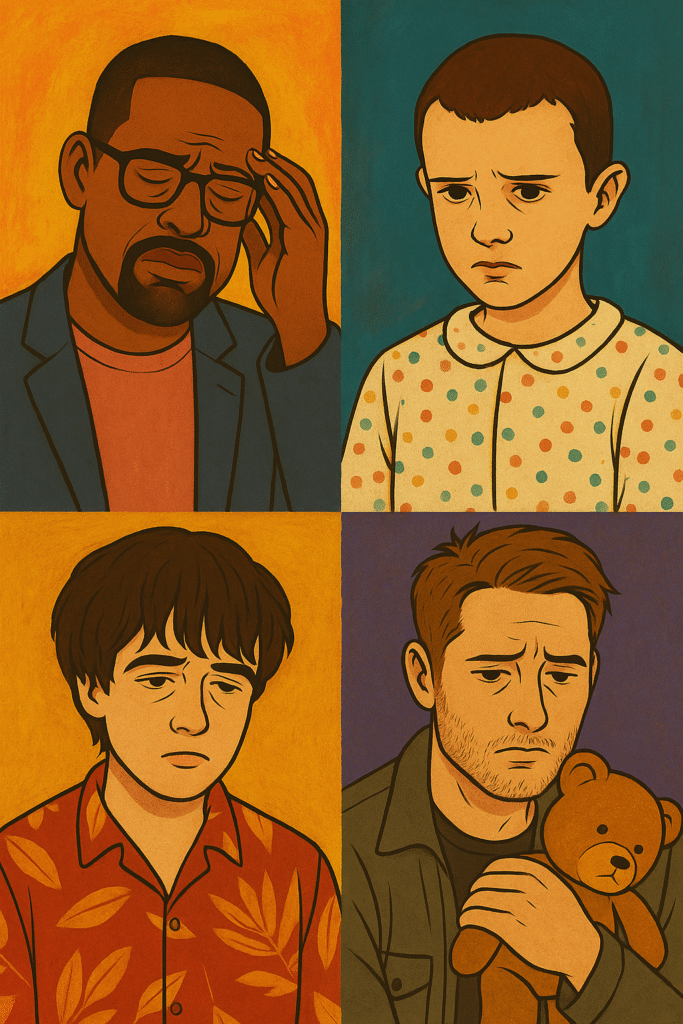 Illustration of TV characters like Kevin Pearson, Eleven, James, and Alyssa portraying emotional impact of childhood trauma and inner child wounds