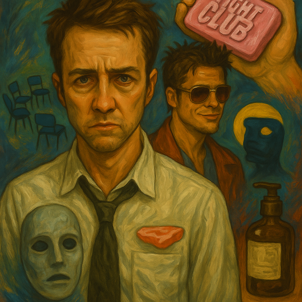 Stylized illustration symbolizing mental health themes in Fight Club, featuring dual-faced figures representing dissociation, identity crisis, and internal conflict, inspired by the film’s psychological narrative.