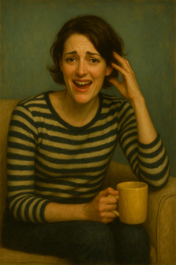 “Oil painting of Fleabag character laughing with emotional expression, holding a yellow mug”