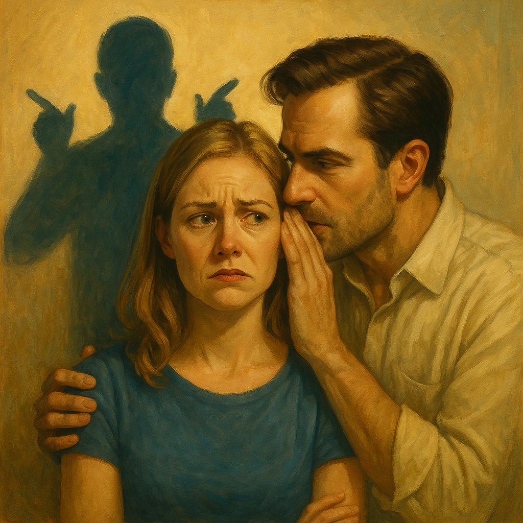Illustration of a tense couple showing emotional distance, symbolizing gaslighting and psychological manipulation in a relationship
