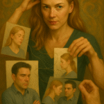 Traditional oil painting of Amy and Nick from Gone Girl, featuring a psychological portrait that illustrates themes of manipulation, dual narrative, and marital tension.