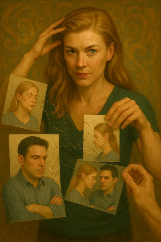 Traditional oil painting of Amy and Nick from Gone Girl, featuring a psychological portrait that illustrates themes of manipulation, dual narrative, and marital tension.