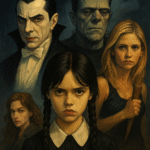 A semi-realistic digital illustration of modern Gothic characters including Wednesday Addams, Count Dracula, Victor Frankenstein, and Buffy Summers standing in a shadowy, cinematic setting that evokes themes of darkness, identity, and supernatural tension.