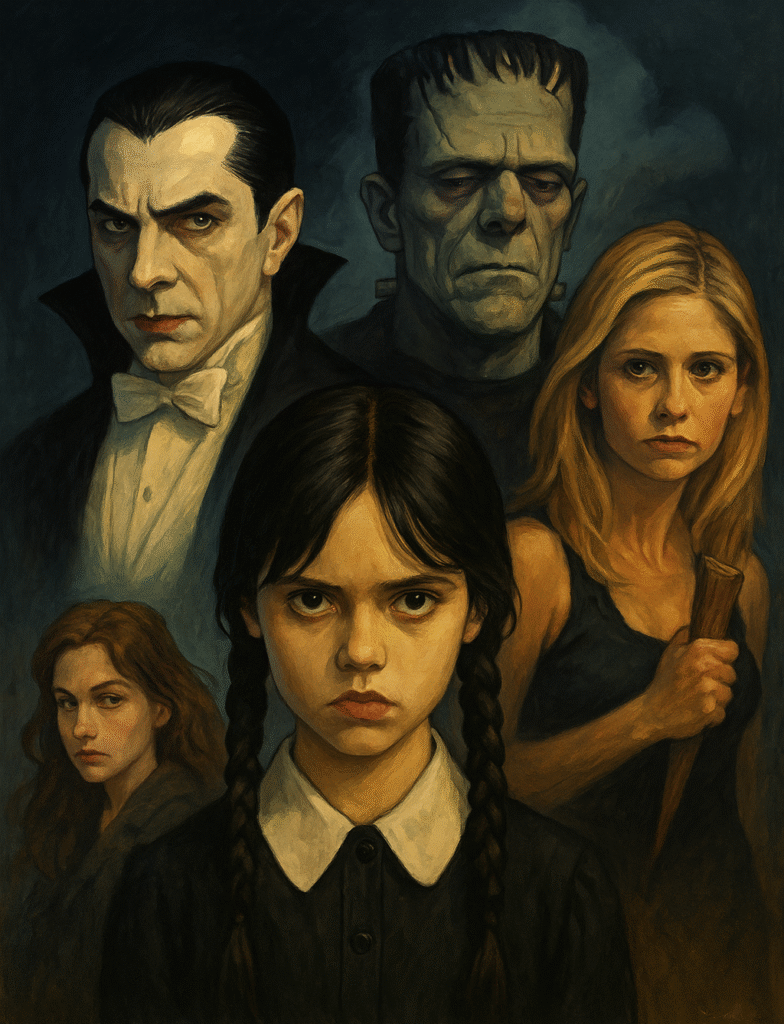 A semi-realistic digital illustration of modern Gothic characters including Wednesday Addams, Count Dracula, Victor Frankenstein, and Buffy Summers standing in a shadowy, cinematic setting that evokes themes of darkness, identity, and supernatural tension.