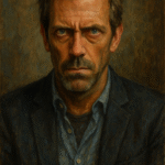 Realistic oil portrait of Dr. Gregory House from House M.D., depicting his intense focus and emotional isolation, symbolizing his addiction to being right.