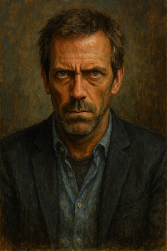 Realistic oil portrait of Dr. Gregory House from House M.D., depicting his intense focus and emotional isolation, symbolizing his addiction to being right.