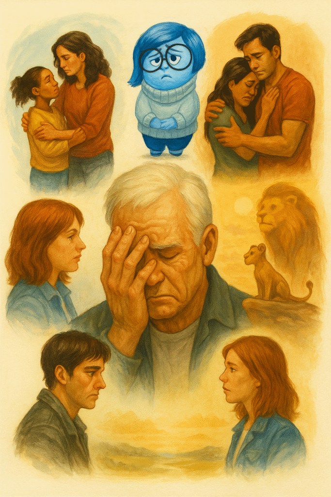 Illustrated collage of diverse characters portraying grief and emotional struggle across different film scenes, showcasing transformation and resilience through stages of denial, anger, acceptance, and growth.