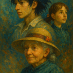 Oil painting portrait of Sophie, Howl, and young Sophie from Howl's Moving Castle, symbolizing aging and emotional growth