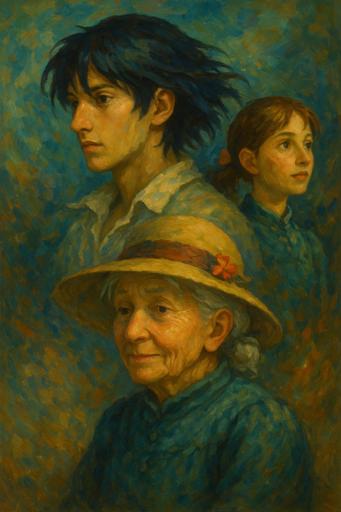 Oil painting portrait of Sophie, Howl, and young Sophie from Howl's Moving Castle, symbolizing aging and emotional growth
