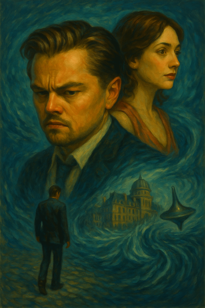 Oil painting of Dom Cobb lost in layered dreamscapes, symbolizing denial of reality from Inception.