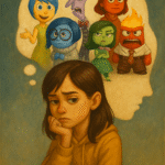 Digital illustration of colorful characters symbolizing Joy, Sadness, Anger, Fear, and Disgust, representing emotional control and psychological balance as explored in Pixar's Inside Out.