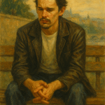 Oil painting-style portrait of Jesse from Before Sunrise sitting on a wooden bench, hands clasped in thought, symbolizing introspection, regret, and romantic contemplation.