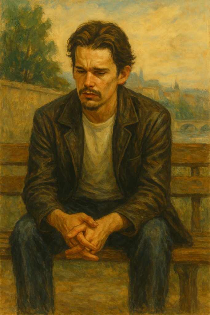 Oil painting-style portrait of Jesse from Before Sunrise sitting on a wooden bench, hands clasped in thought, symbolizing introspection, regret, and romantic contemplation.