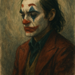 Painterly portrait of the Joker with a sorrowful expression, symbolizing isolation, rage, and mental health struggles.