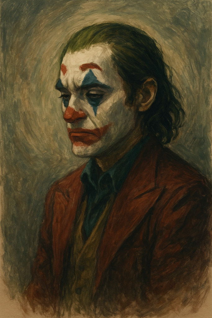 Painterly portrait of the Joker with a sorrowful expression, symbolizing isolation, rage, and mental health struggles.