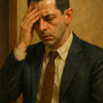 Realistic painting of a distressed man in a suit holding his forehead, symbolizing emotional struggle and the need for validation, inspired by Kendall Roy in HBO’s Succession.