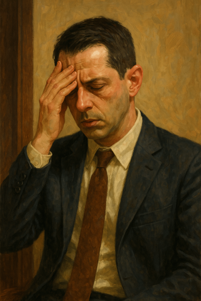 Realistic painting of a distressed man in a suit holding his forehead, symbolizing emotional struggle and the need for validation, inspired by Kendall Roy in HBO’s Succession.