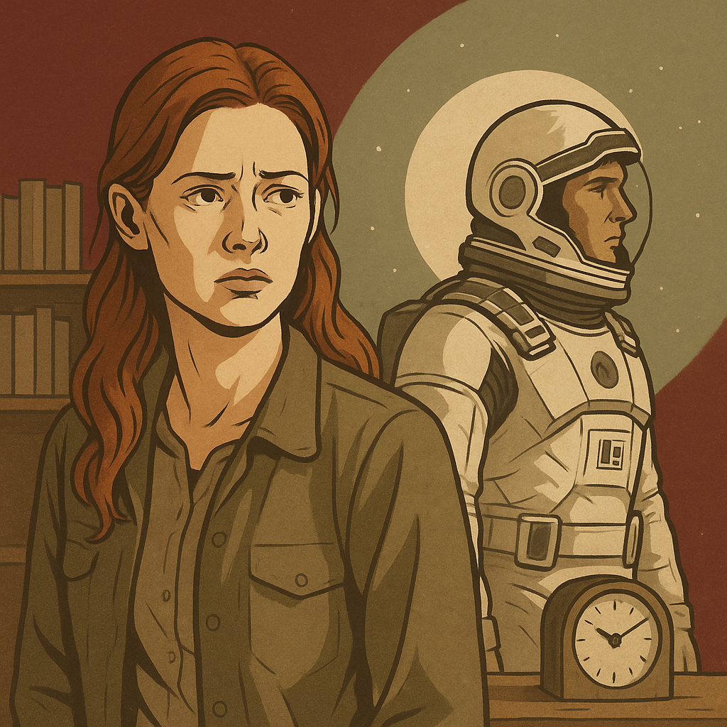 Illustration of Murph and her astronaut father from Interstellar, symbolizing emotional obsession, family abandonment, and the passage of time.