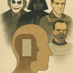 Stylized illustration of narcissistic movie villains with psychological symbolism, featuring Joker, Darth Vader, and Hannibal Lecter above a mirrored silhouette of a human head.