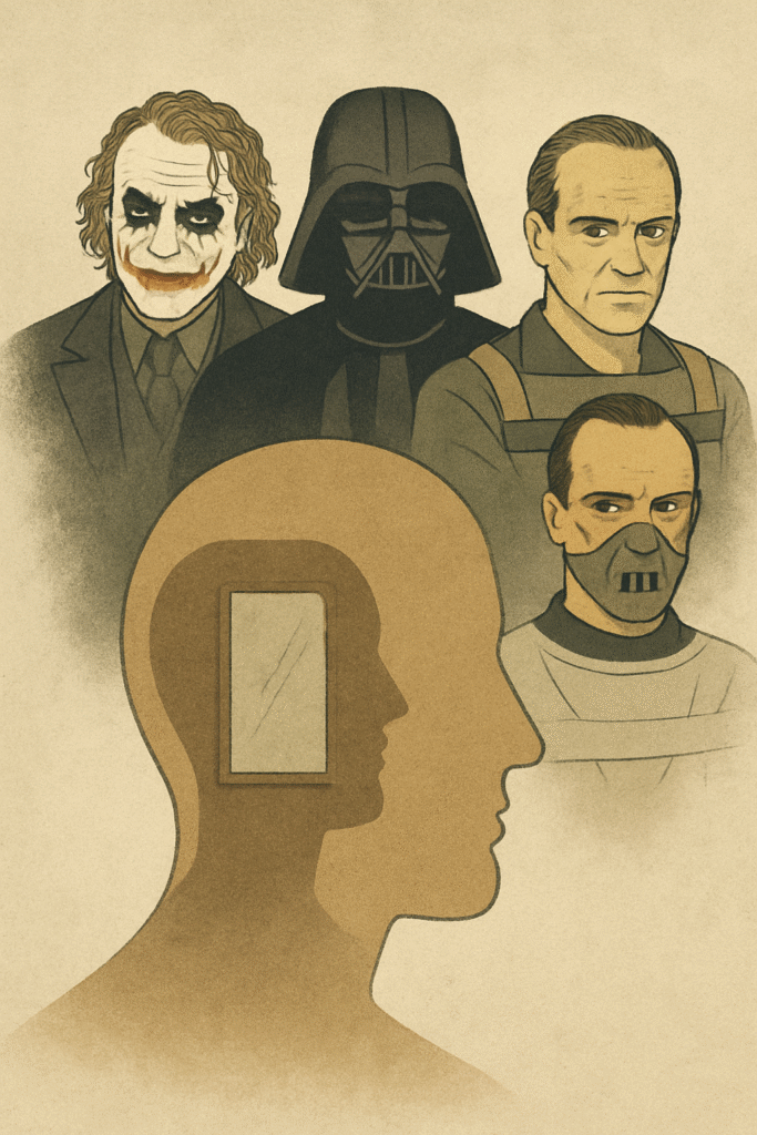 Stylized illustration of narcissistic movie villains with psychological symbolism, featuring Joker, Darth Vader, and Hannibal Lecter above a mirrored silhouette of a human head.